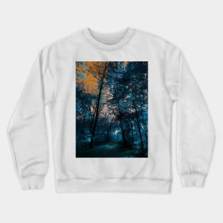 Majestic Fantasy Fall Wooded Trail Scene with Blue Foliage and Orange Sky - Indian Creek Trail Kansas City Crewneck Sweatshirt